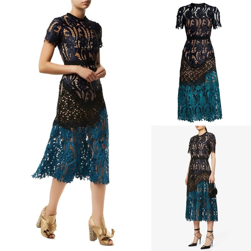 Self-Portrait 'Prairie' Mixed Lace Midi Dress Blue Size US 4 Guipure Midi Floral